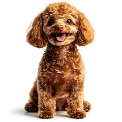 Fototapeta premium full body shot of red female toy poodle looking happy on plain white background, no shadows, no reflections