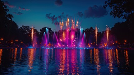 A grand fireworks display over a calm lake with vibrant reflections on the water The lake is silent creating a serene and beautiful celebration of light 