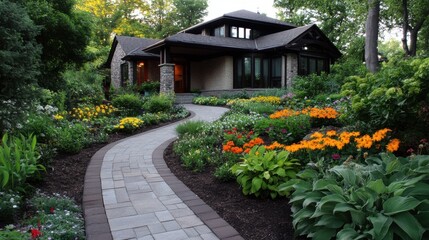 Fototapeta premium A beautifully designed home garden with landscaping, flower beds, and a stone pathway.