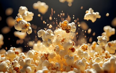 Exploding popcorn in mid-air, showcasing a dynamic and playful food scene.