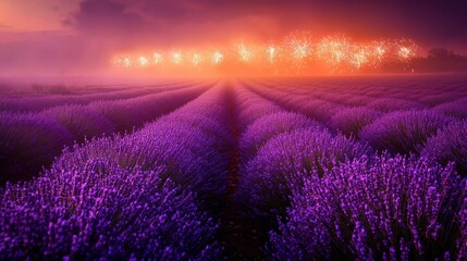 Obraz premium A grand fireworks show over a field of lavender with no one around The colorful fireworks add warmth to the quiet rural landscape A serene and magical celebration of light and nature 