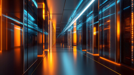 Futuristic data center hallway with glowing neon orange and blue lights, showcasing advanced server technology and digital innovation