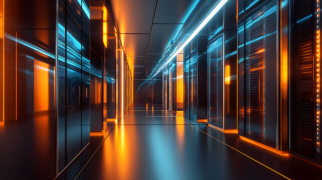 Futuristic data center hallway with glowing neon orange and blue lights, showcasing advanced server technology and digital innovation