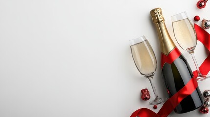 A bottle of champagne with two glasses and a red ribbon tied around it, isolated on a white background