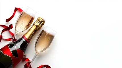 A bottle of champagne with two glasses and a red ribbon tied around it, isolated on a white background
