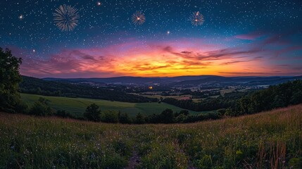 Obraz premium A serene field under a night sky filled with bright fireworks illuminating the landscape The colorful fireworks add a festive glow to the peaceful countryside 