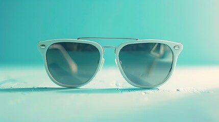 A stylish pair of sunglasses placed on a pastel blue background.