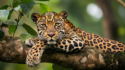 Majestic Jaguar Resting on Tree Branch in Lush Green Forest