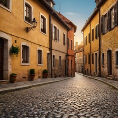 A charming cobblestone street in a historic European town, lined with colorful medieval houses and vintage street lamps