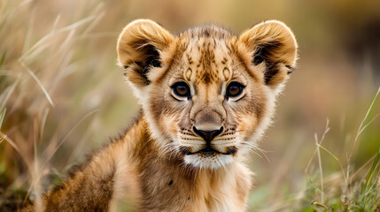 Obraz premium Adorable Lion Cub in African Grassland