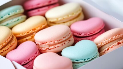 Obraz premium A box of heart-shaped macarons in pastel colors, isolated on a white background