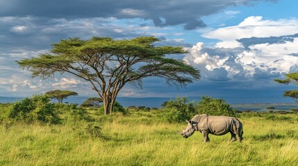 Naklejka premium White rhino grazing in African savanna under dramatic sky.