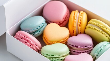 Obraz premium A box of heart-shaped macarons in pastel colors, isolated on a white background