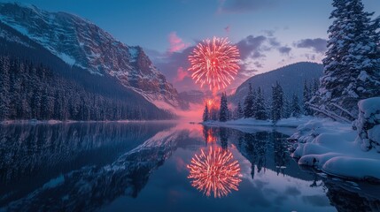A stunning fireworks show above a snow-covered mountain lake with colors reflecting on the water The scene is serene capturing the beauty of winter and celebration 