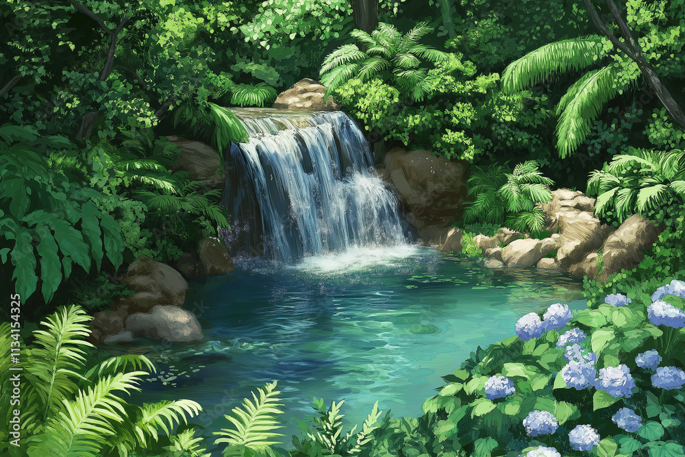 Poster a peaceful waterfall cascading into a hidden jungle pool surrounded by ferns