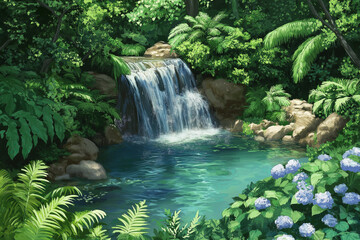 Naklejka premium A peaceful waterfall cascading into a hidden jungle pool surrounded by ferns