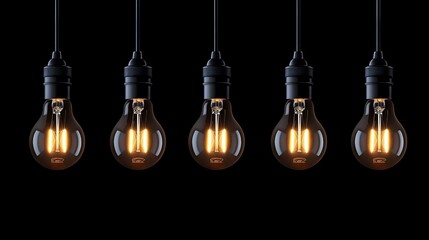 Five illuminated Edison light bulbs hanging against a black background.