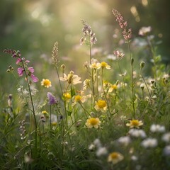 Obraz premium A serene and dreamy photo of wildflowers swaying gently in the breeze