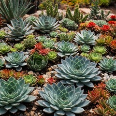Fototapeta premium A sprawling succulent garden with echeverias and aloe vera.