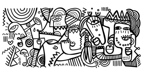 abstract hand drawing face portrait geometric decorative doodle outlines vector illustration. Line art black and white aesthetic design for wall art, prints, cards, decoration, banner and background.