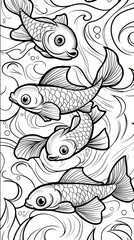 Four Koi Fish Swimming in Water, Line Art Illustration