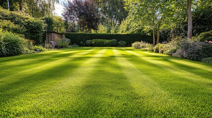 Obraz premium Lush Green Lawn in a Beautiful Garden Surrounded by Vibrant Plants and Trees Under a Clear Blue Sky Perfect for Relaxation and Outdoor Activities