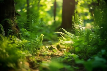 A verdant forest brimming with numerous leafy vegetation and towering trees lies adjacent Sunlight Filtering Through the Forest Canopy

