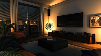 Fototapeta premium Cozy and Inviting Living Room at Night with Warm Lighting, Modern Decor, and Urban View Through Window in Contemporary Apartment Setting