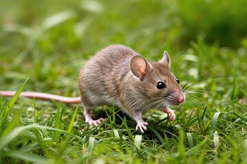 Playful Mouse Exploring Lush Green Grass with Joyful Energy