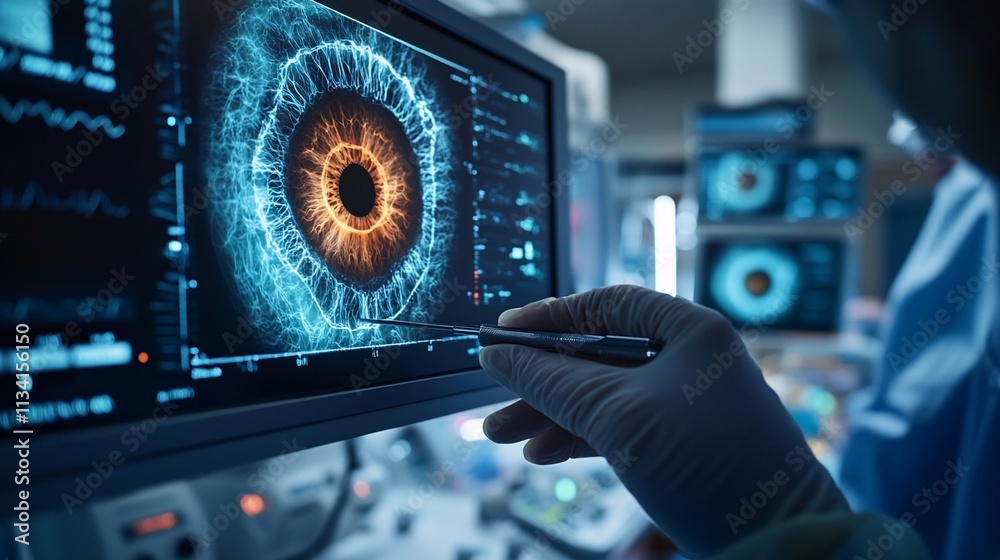 Aufkleber a close-up of an eye graphic displayed on a monitor in a lab setting.