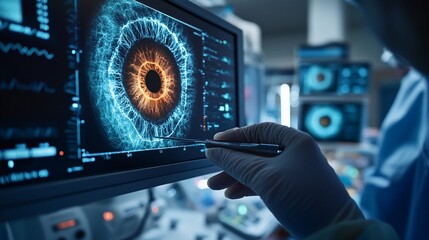 A close-up of an eye graphic displayed on a monitor in a lab setting.