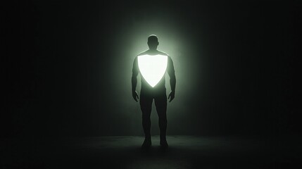 Silhouette of a man with a glowing shield on a dark background. personal protection and security design