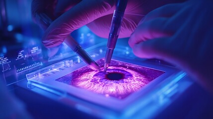A close-up of a high-tech eye examination using advanced tools.