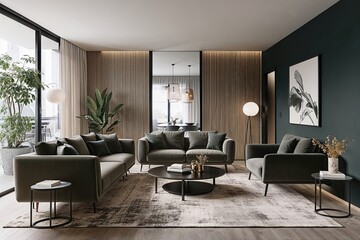 Fototapeta premium Modern Living Room 3D Visualization Cozy Mockup with Sleek Furniture and Contemporary Design