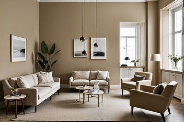 Fototapeta premium Chic Minimalist Beige Lounge Decor with Scandinavian Style Ambiance