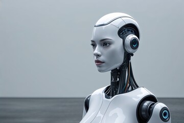 Synthetic Female Robot in Stratified Design on Minimalist Background
