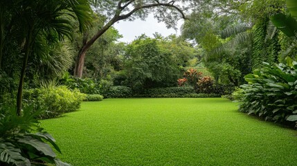 Naklejka premium Lush Green Garden Oasis with Vibrant Foliage and Serene Atmosphere Surrounded by Tropical Plants and Trees, Ideal for Outdoor Refreshment and Relaxation Spaces