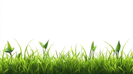 Fototapeta premium Fresh Green Grass with Young Leaves Growing Against a Bright White Background Ideal for Nature Themes, Eco-Friendly Concepts, and Springtime Promotions