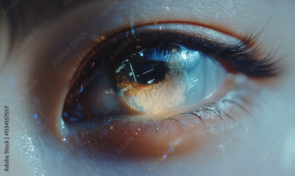 Aufkleber a close-up of an eye reflecting digital data and futuristic elements.