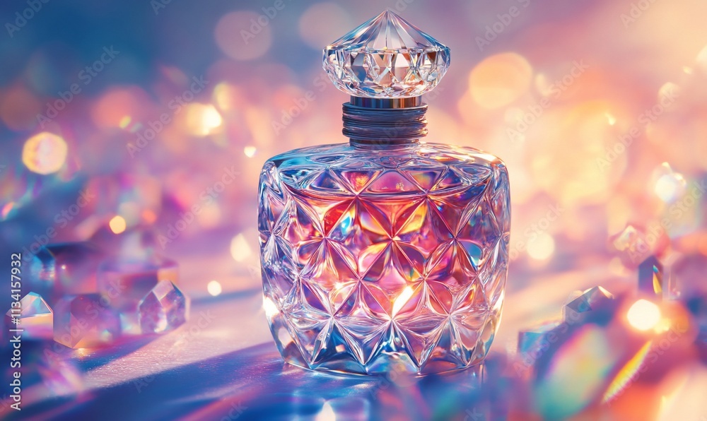 Poster a crystal perfume bottle surrounded by sparkling gems and colorful light.