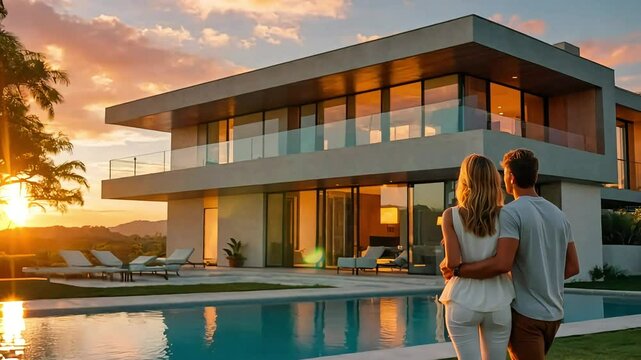 Rear view of a young couple standing in front of a modern luxury house with a swimming pool, deciding on their dream home