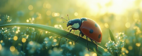 A close-up of a ladybug on a green blade of grass, illuminated by soft sunlight.