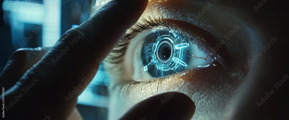 Poster a futuristic close-up of an eye with digital elements and technology.