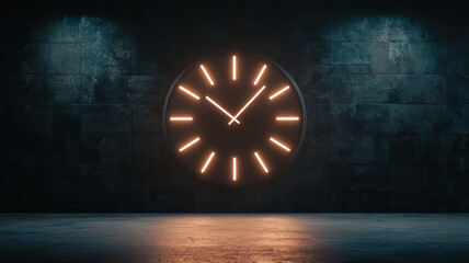 A modern clock illuminated against a dark wall, showcasing a minimalist design with glowing hour markers, creating an atmospheric ambiance.