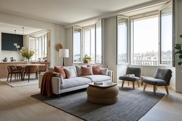 Fototapeta premium Bright and Airy Apartment Design Featuring Spacious Windows and Cozy Furniture Layout