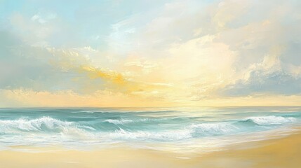 Obraz premium Tranquil Sunset Over Ocean Waves with Soft Clouds and Gentle Shoreline in a Serene Coastal Landscape
