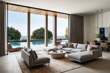 Obraz premium Modern Interior Design Featuring a Relaxing Area with Expansive Openings and Stylish Sectional Couch