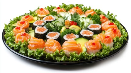 An Exquisite Arrangement of Fresh Sushi Rolls and Sashimi Artfully Displayed on a Round Platter Surrounded by Crisp Green Lettuce and Garnishes