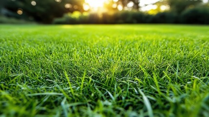 Naklejka premium Lush Green Grass Field Bathed in Warm Sunlight with a Scenic Background of Trees and Nature for Tranquil Outdoor Spaces and Landscapes