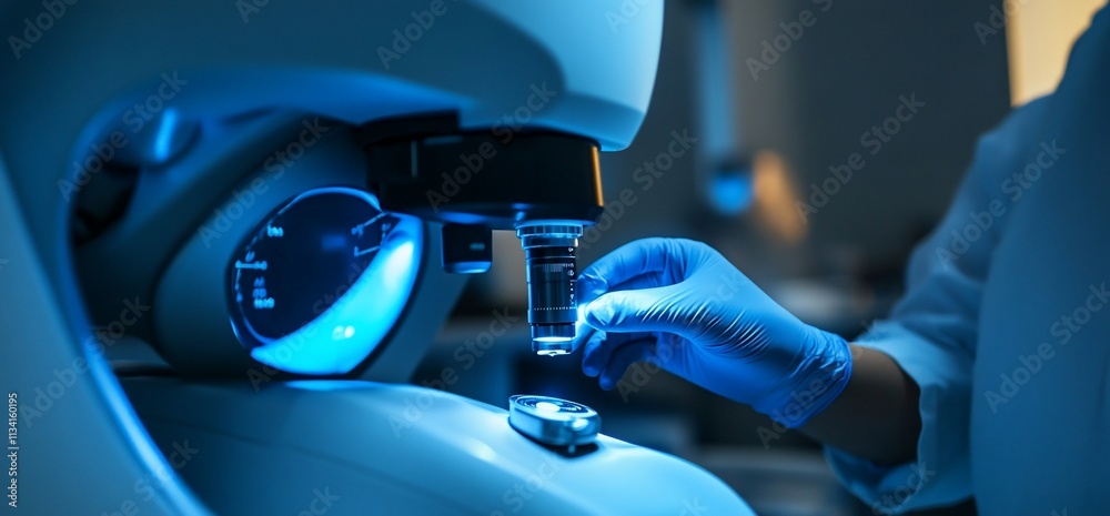 Poster a laboratory technician using a microscope for scientific analysis.